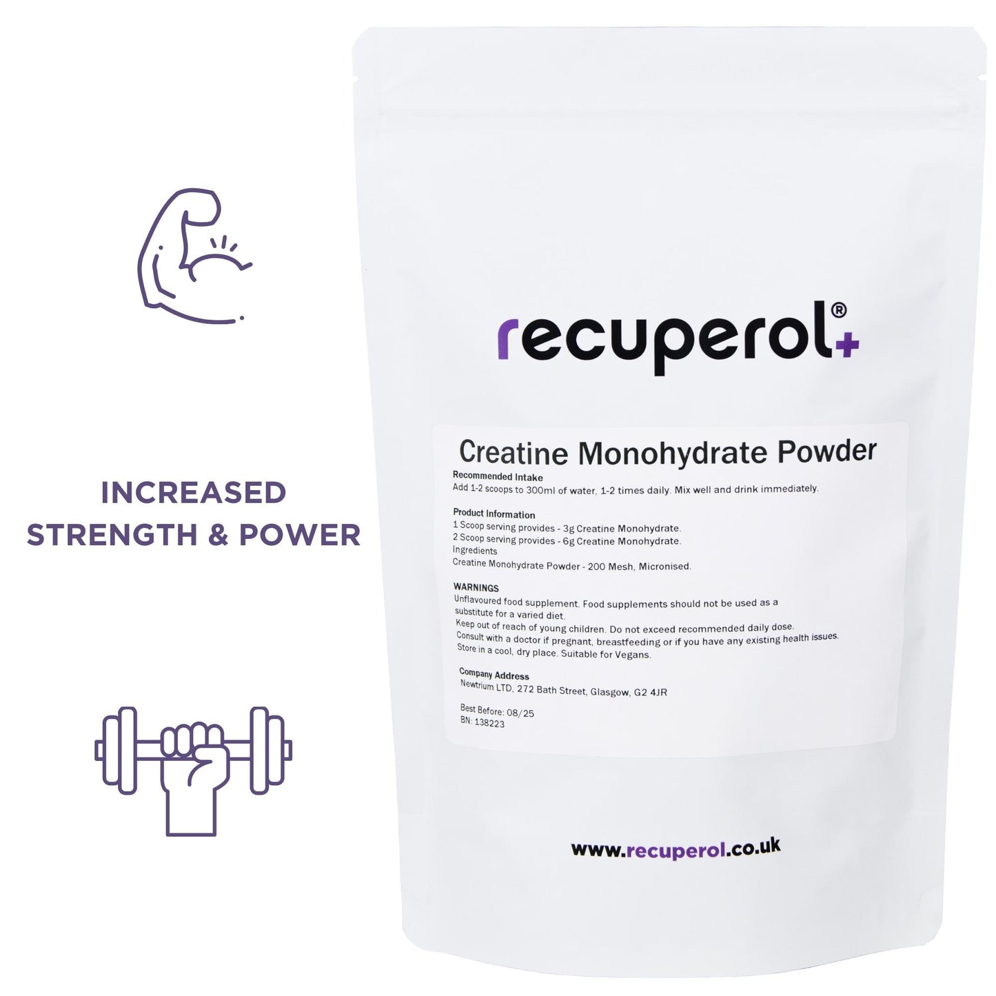Recuperol Creatine Monohydrate Powder, Superior Solubility Unflavoured