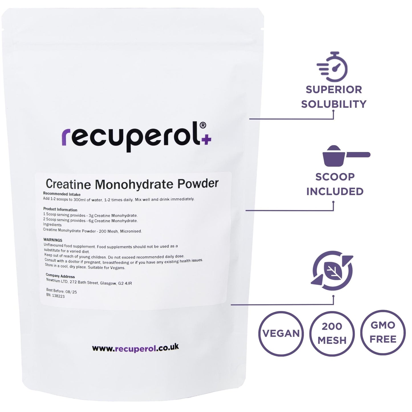 Recuperol Creatine Monohydrate Powder, Superior Solubility Unflavoured