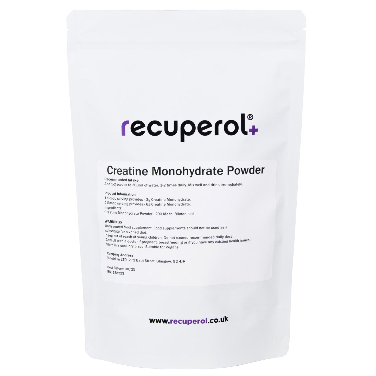 Recuperol Creatine Monohydrate Powder, Superior Solubility Unflavoured