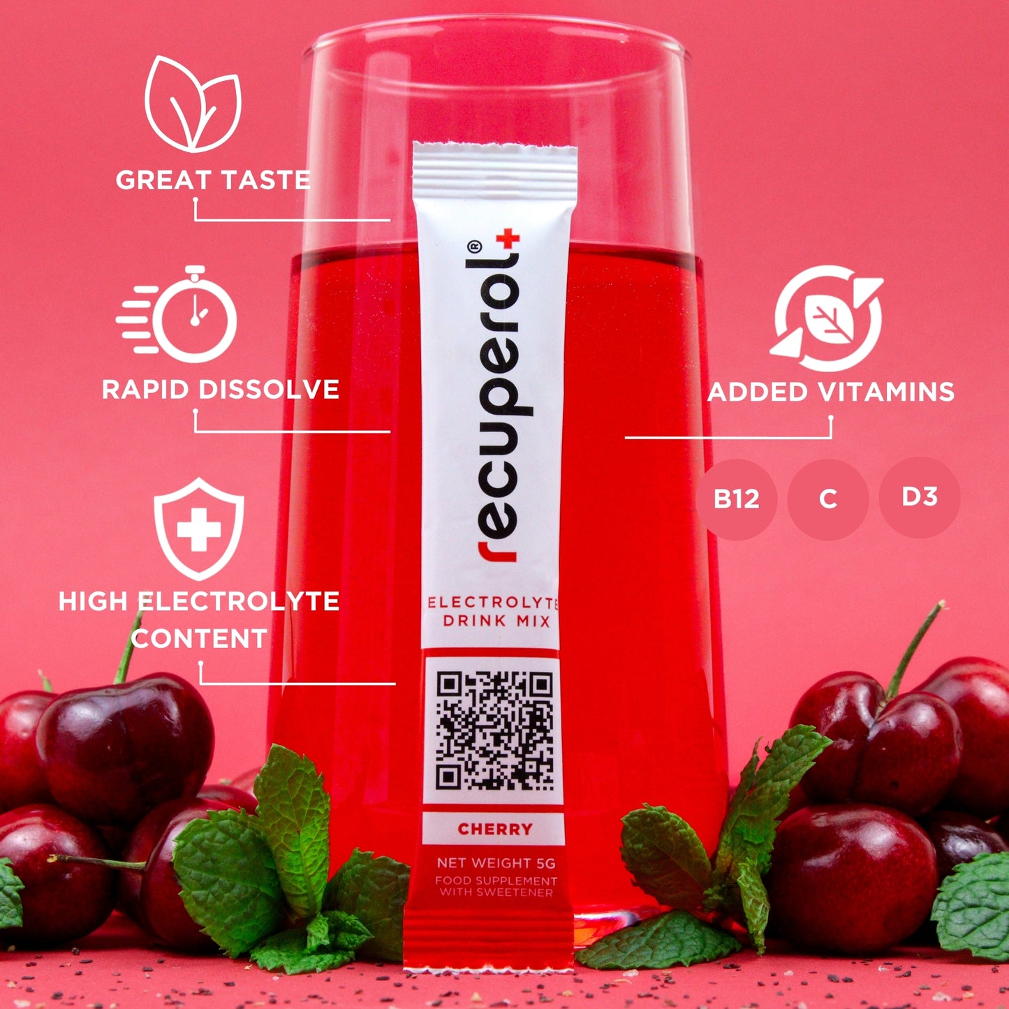 Recuperol Rehydration & Recovery Electrolyte Powder Drink Mix - Cherry