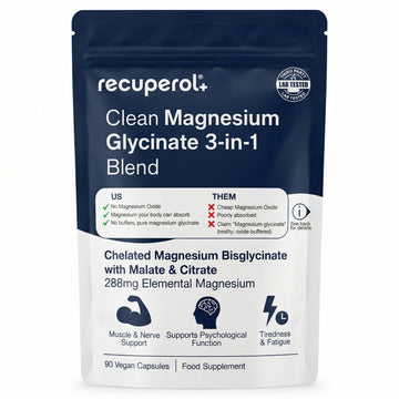 Recuperol Clean Magnesium Glycinate 3-in-1 Blend pouch: chelated magnesium bisglycinate with malate and citrate, 288mg elemental magnesium, 90 vegan capsules, food supplement