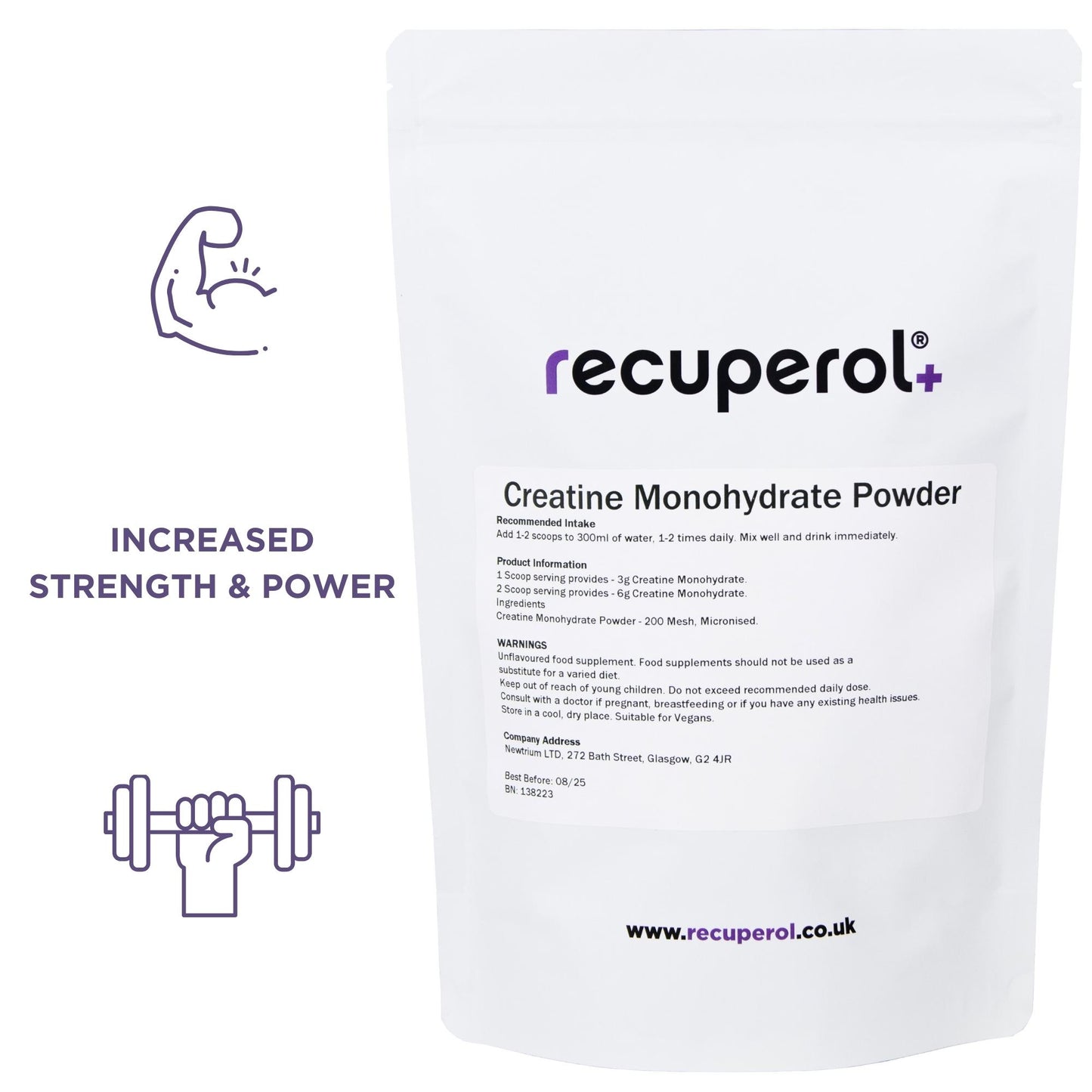 Recuperol Creatine Monohydrate Powder, Superior Solubility Unflavoured