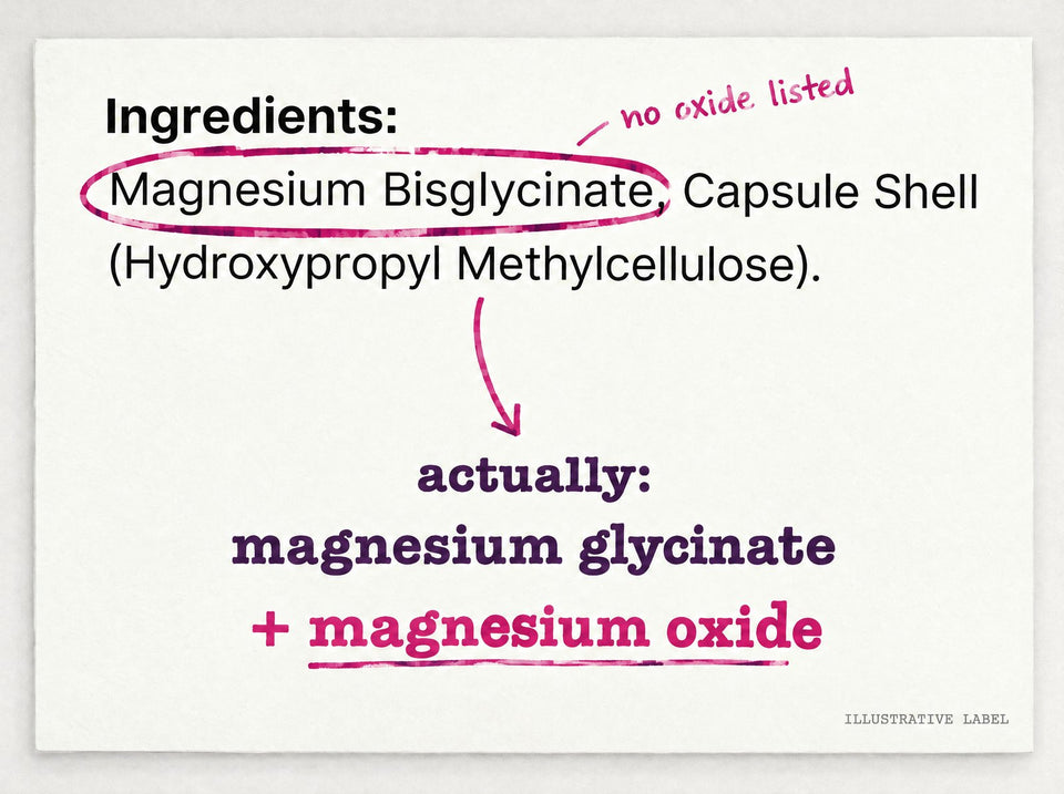 Illustrative ingredients list naming only magnesium bisglycinate and a capsule shell, with no oxide listed. Annotated: actually magnesium glycinate plus magnesium oxide.
